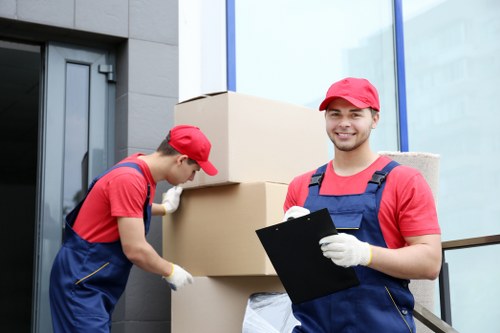 Packed office furniture and equipment ready for transport