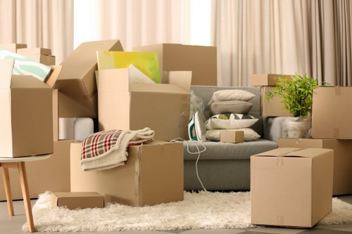 Local house moving team handling packed boxes in a residential property