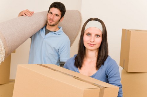 Moving team carrying household items through a narrow entrance